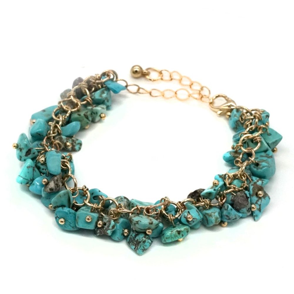 Natural Gemstone Bracelet Turquoise Blue Nuggets, & Gold Chain.